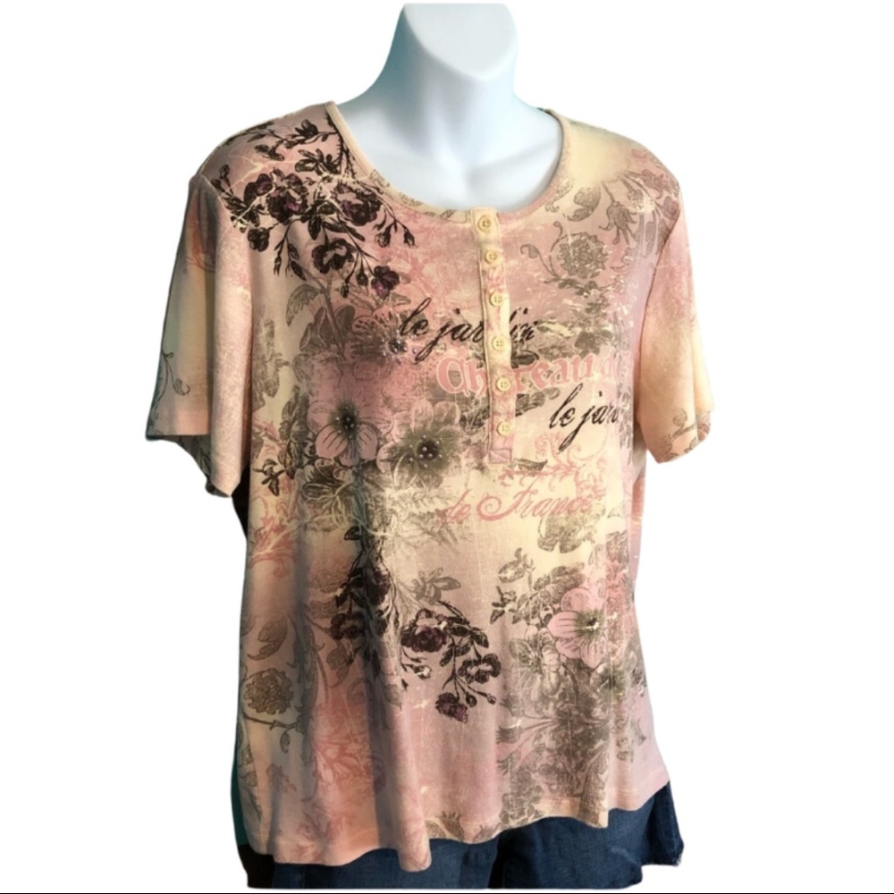 Tape Measure Pink Floral Henley Top